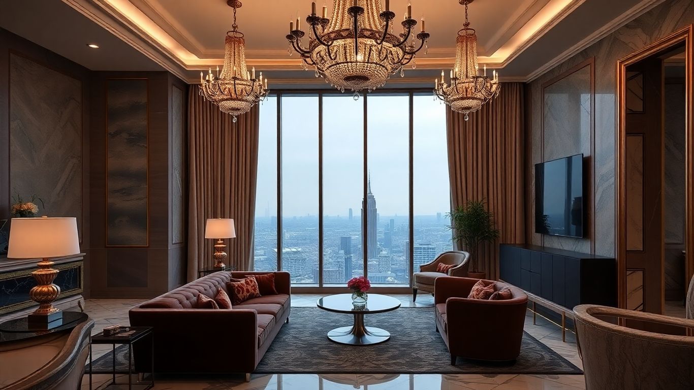 Luxurious hotel suite in Milan with city views.