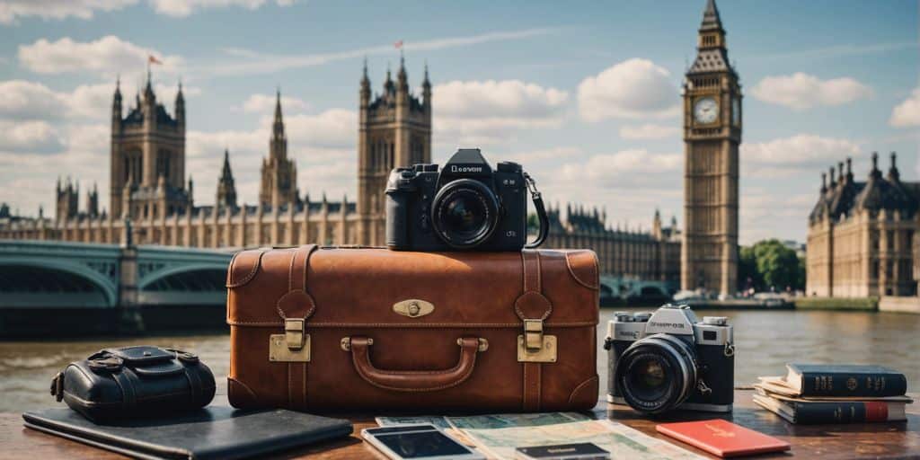 Collage of London landmarks with travel essentials like a passport and suitcase in the foreground.