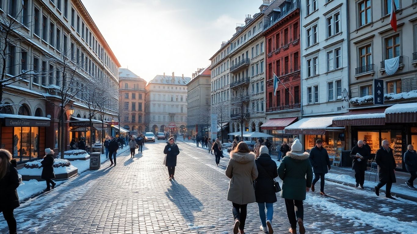 Snowy European city square with warm lights and people enjoying winter.