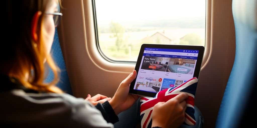 Traveller looking at a tablet, surrounded by UK landmarks