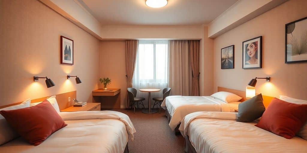 Cozy budget hotel room with comfortable beds and warm lighting.