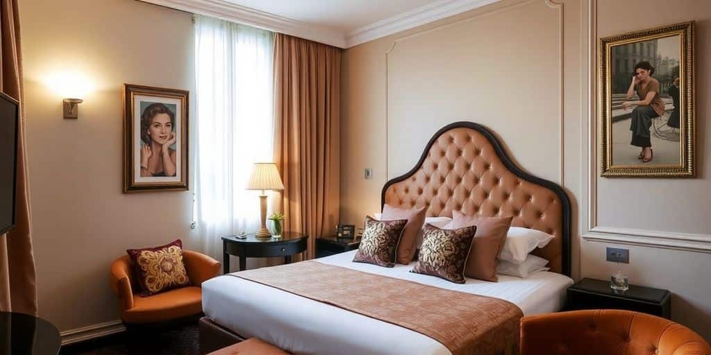 Cozy hotel room at Hotel Aladin Paris, elegant decor.