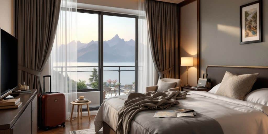 Cozy hotel room with elegant decor and scenic view.