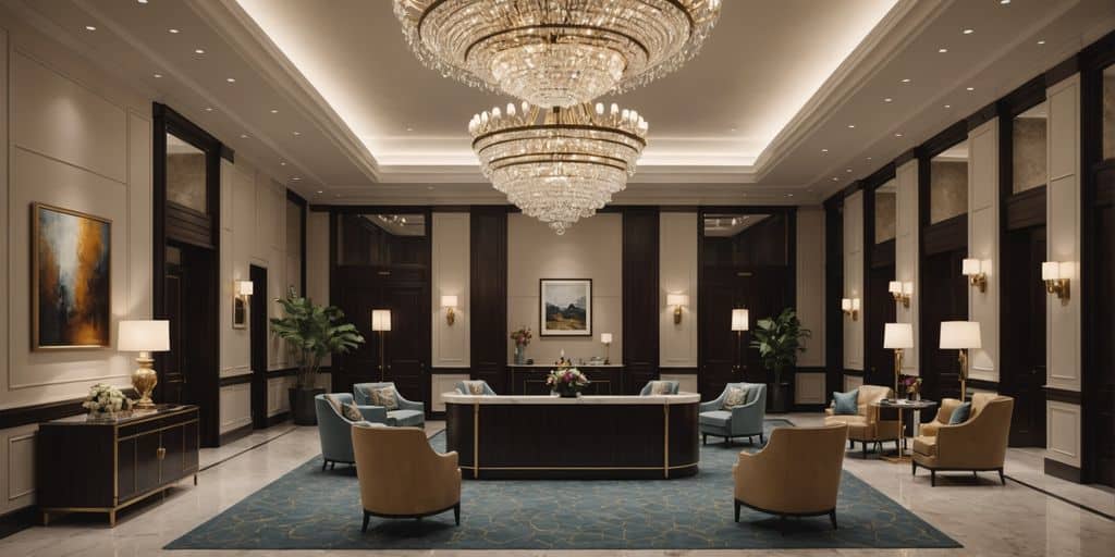 Luxurious hotel lobby with elegant chandeliers