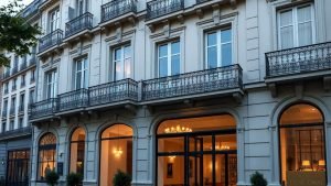 Elegant 4-star Parisian hotel facade at dusk.