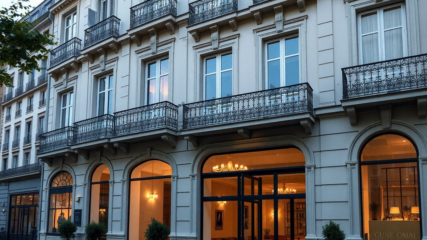 Elegant 4-star Parisian hotel facade at dusk.