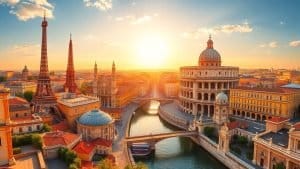 Photorealistic collage of famous European landmarks under sunlight.