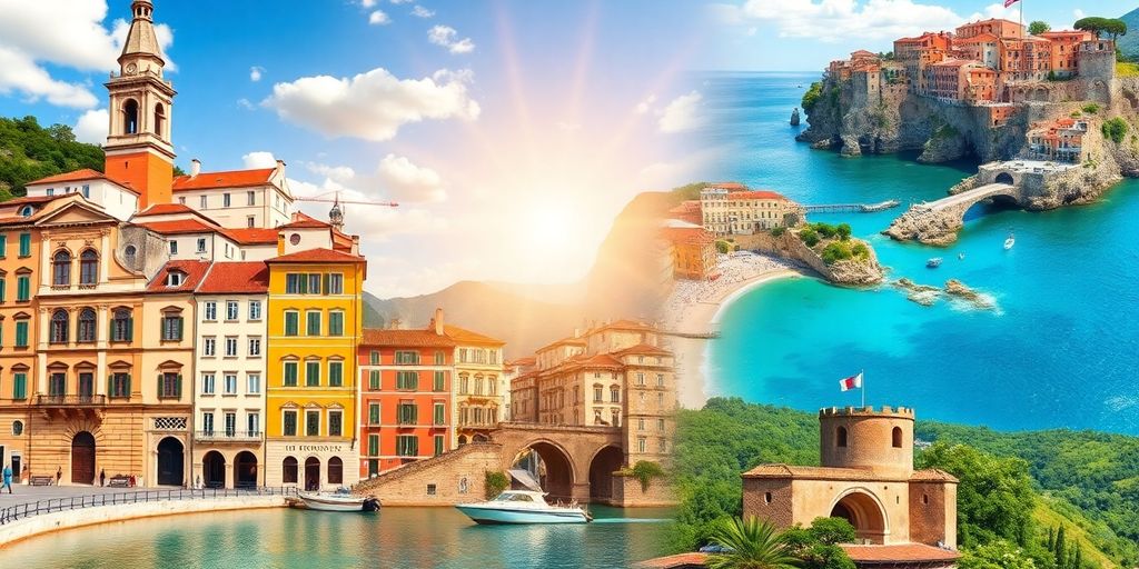 Colourful European cityscapes and scenic landscapes.