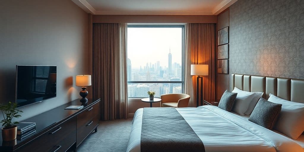 Cozy hotel room with city view and elegant decor.