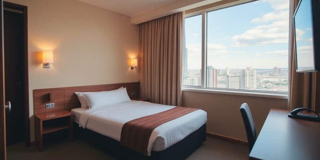 Cozy hotel room with city view for last-minute stays.