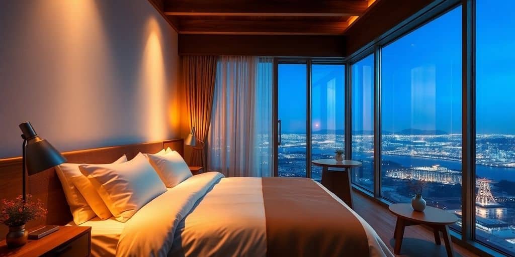 Cozy hotel room with beautiful view and warm lighting.