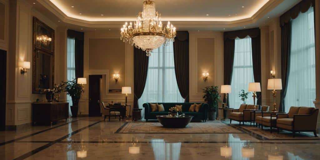 Luxurious hotel lobby with elegant decor, grand chandelier, and comfortable seating areas, inviting guests to book their next vacation.