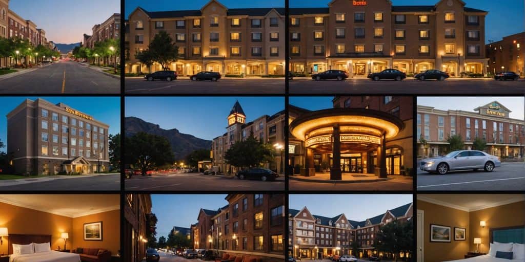 Collage of affordable hotels in different US cities.