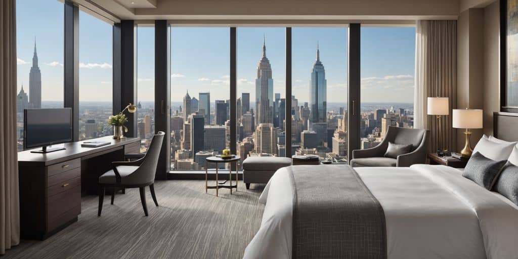 Luxurious hotel room with cityscape view