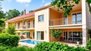 Motel La Siesta De Gascon exterior with swimming pool and greenery.