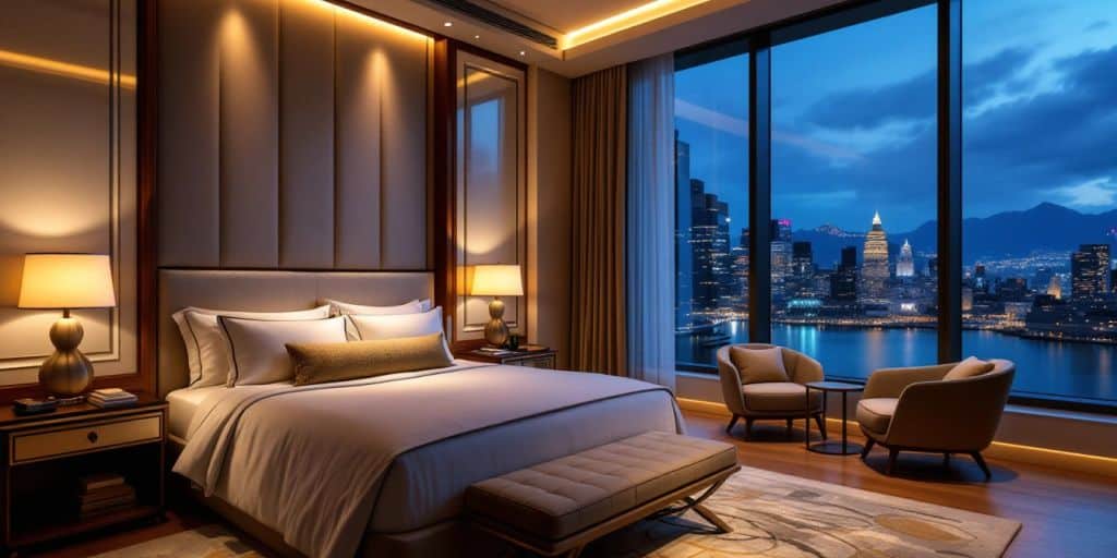 Luxurious hotel room with elegant decor and stunning view.