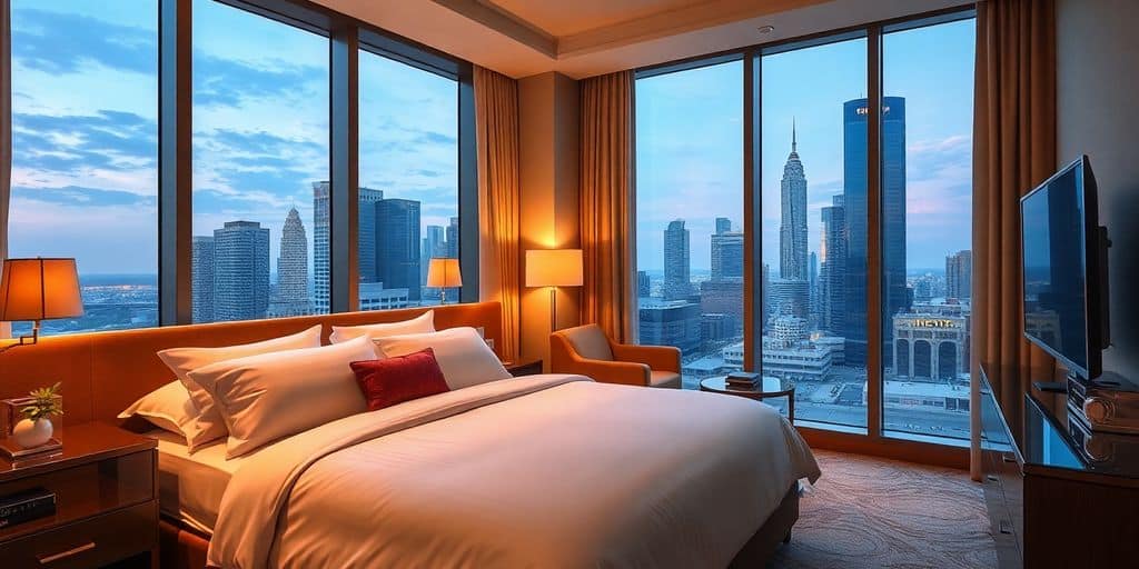Luxurious hotel room in Houston with skyline view.