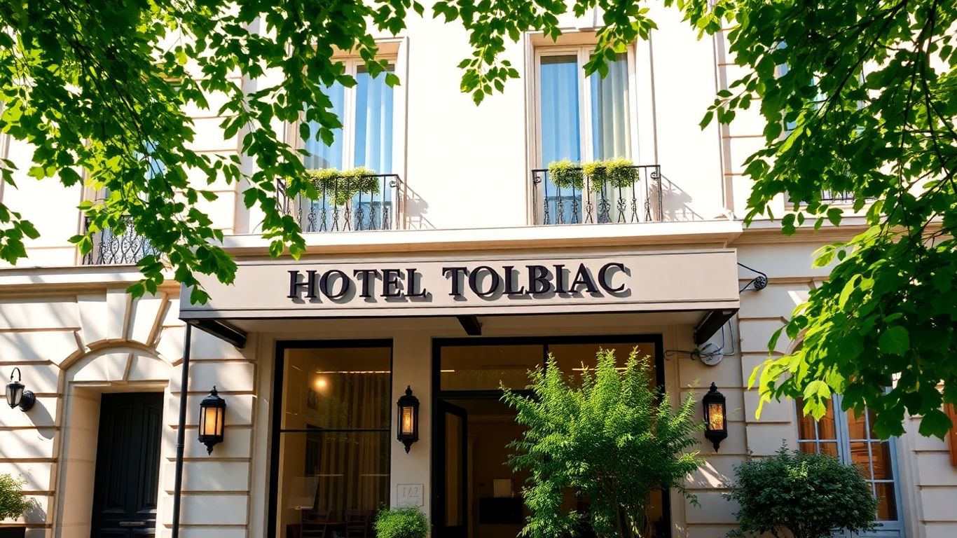 Hotel Tolbiac facade with greenery and Parisian sunlight.