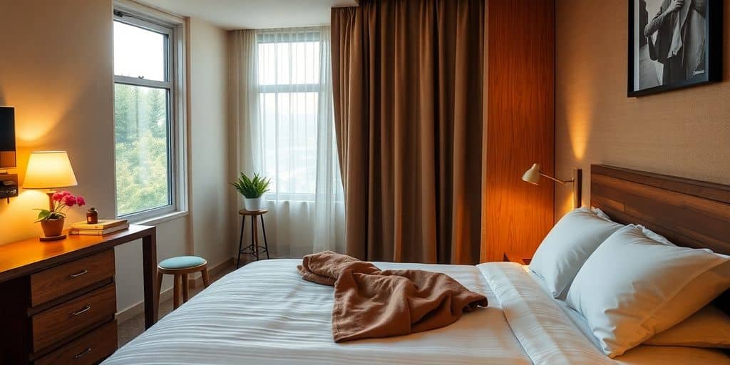 Cozy hotel room with warm lighting and inviting decor.