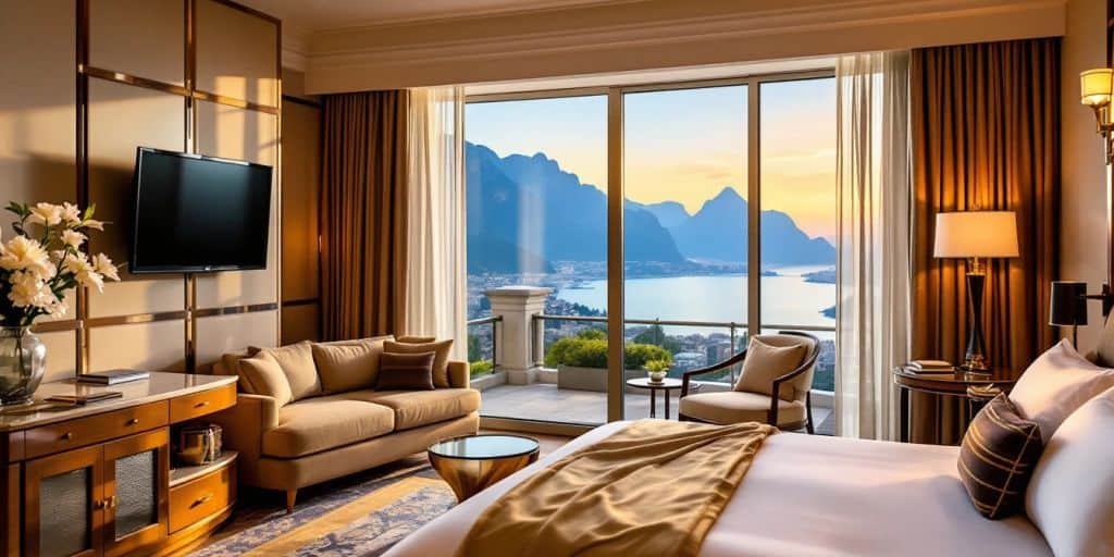 Luxurious hotel room with stunning view and inviting decor.