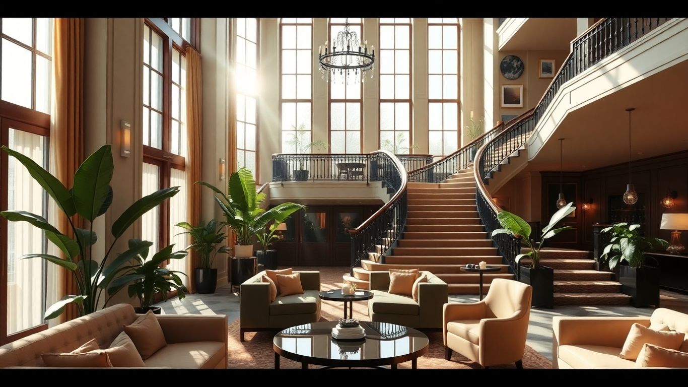 Elegant lobby of Harmony Hotel London with sunlight and plants.