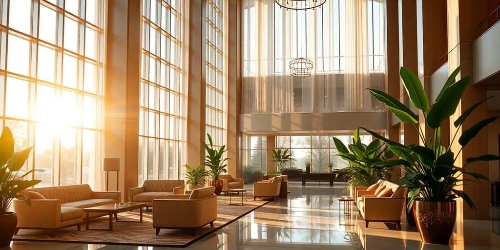 Modern hotel interior, natural light.
