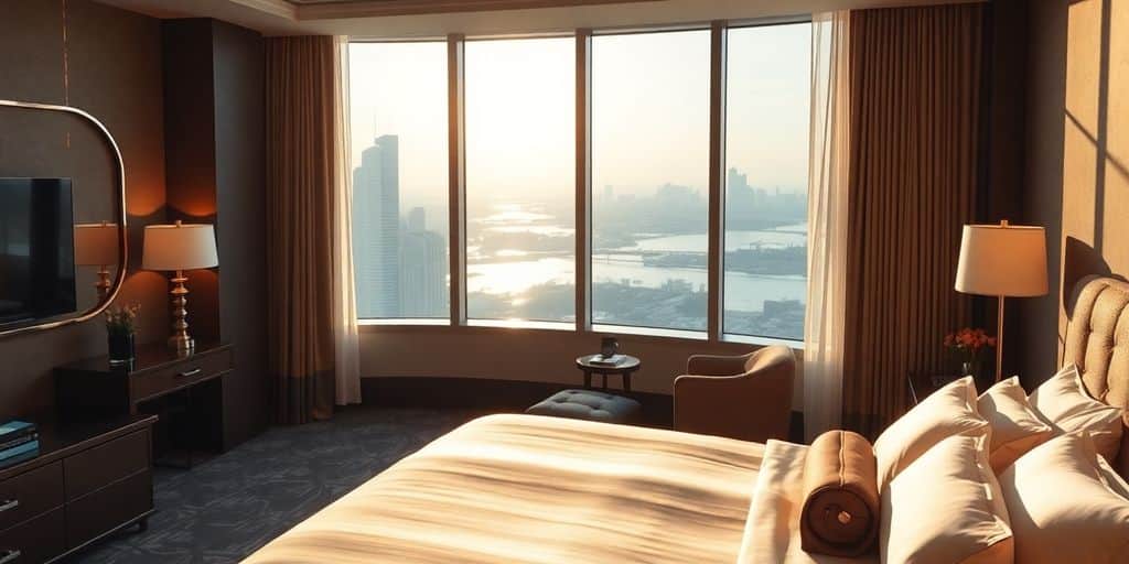 Luxurious hotel room with elegant decor and stunning view.