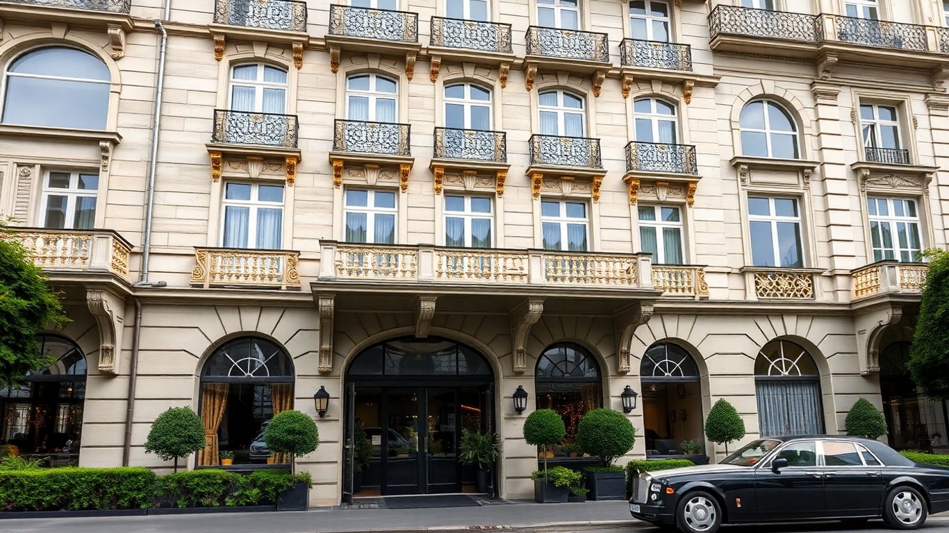 Opulent 5-star Parisian hotel facade with manicured gardens.