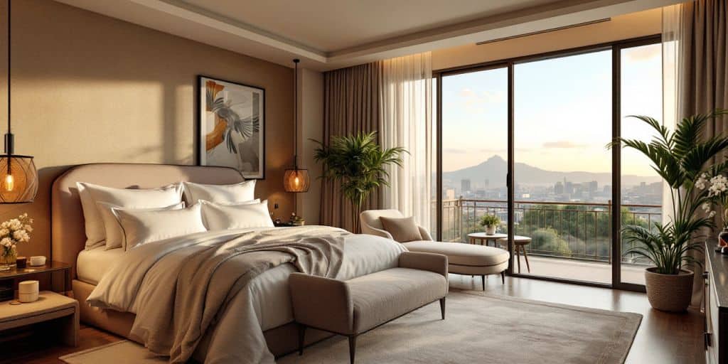 Luxurious hotel room with elegant decor and stunning view.