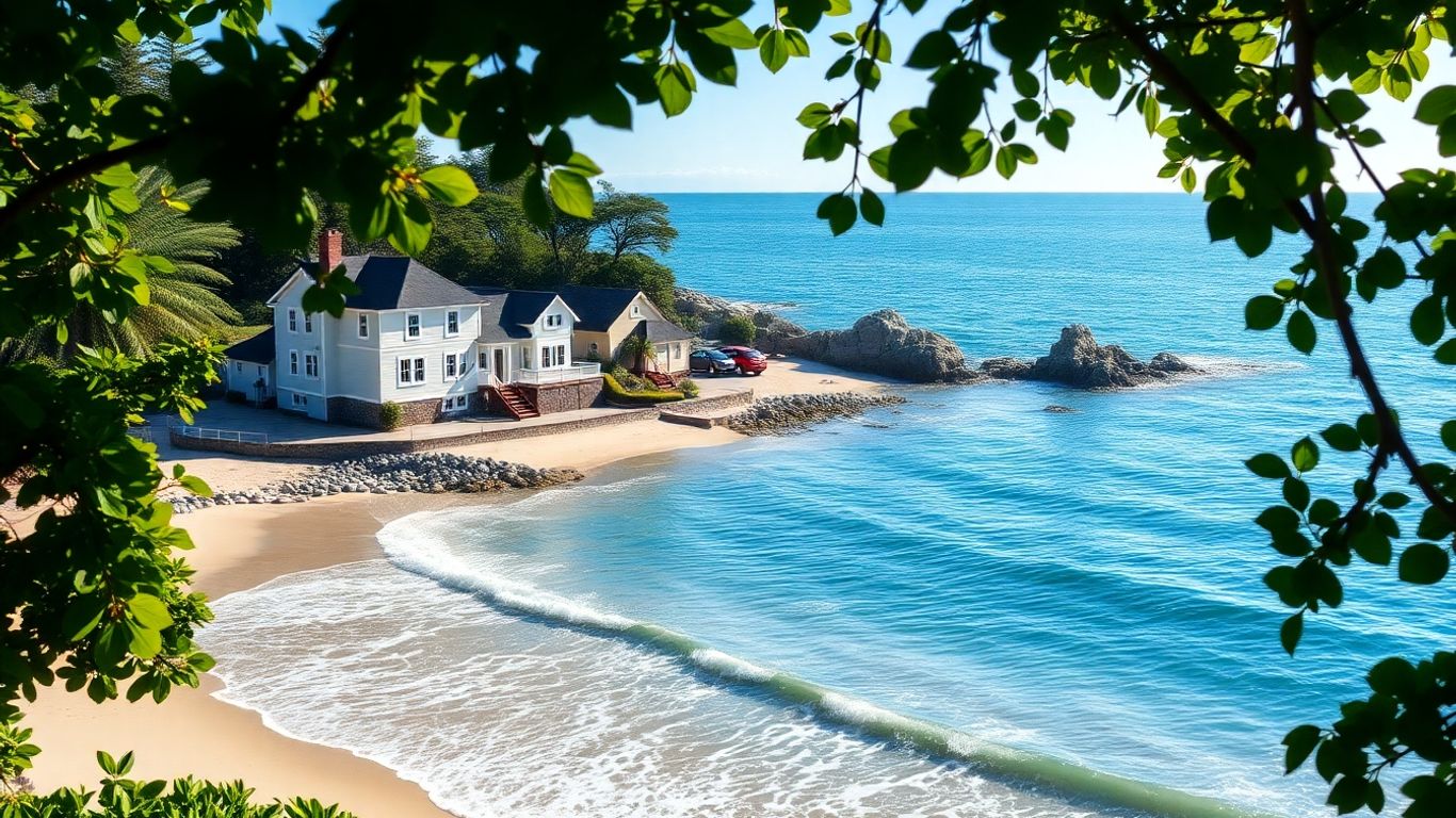 Charming coastal inn by the serene blue ocean.