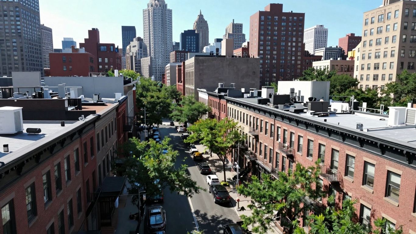 Harlem cityscape with brownstones and tree-lined streets.
