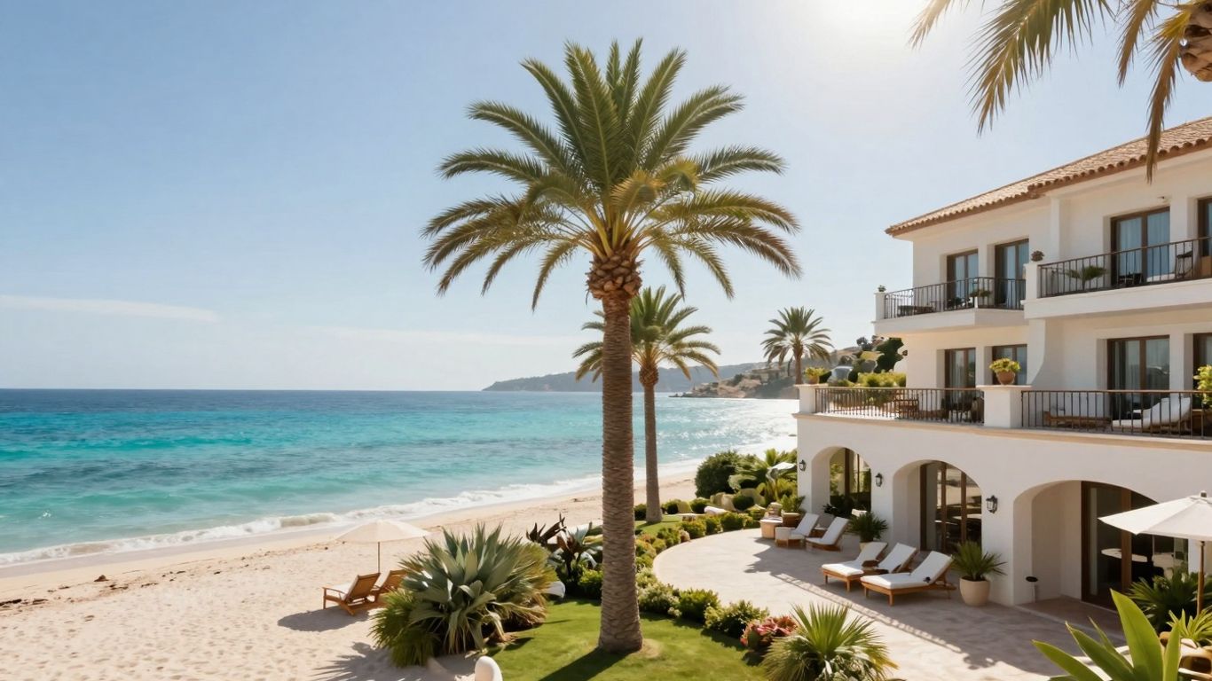 Luxury hotel suites by a turquoise sea in Sardinia.