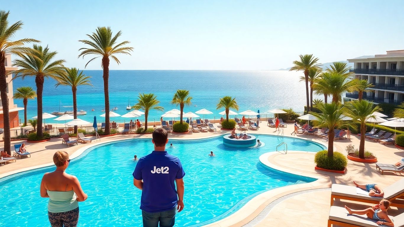 Jet2 staff assisting guests at sunny Tenerife beach resort