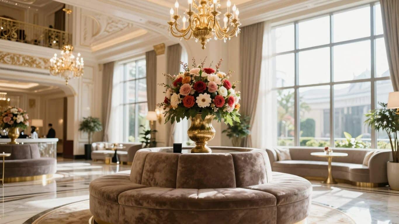 Opulent lobby of the Grand Fortune Hotel with chandeliers and marble.