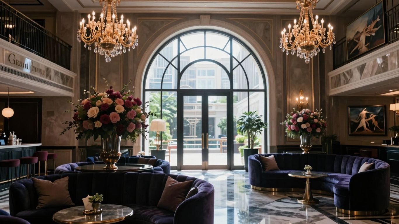 Opulent hotel lobby with chandeliers and marble floors.