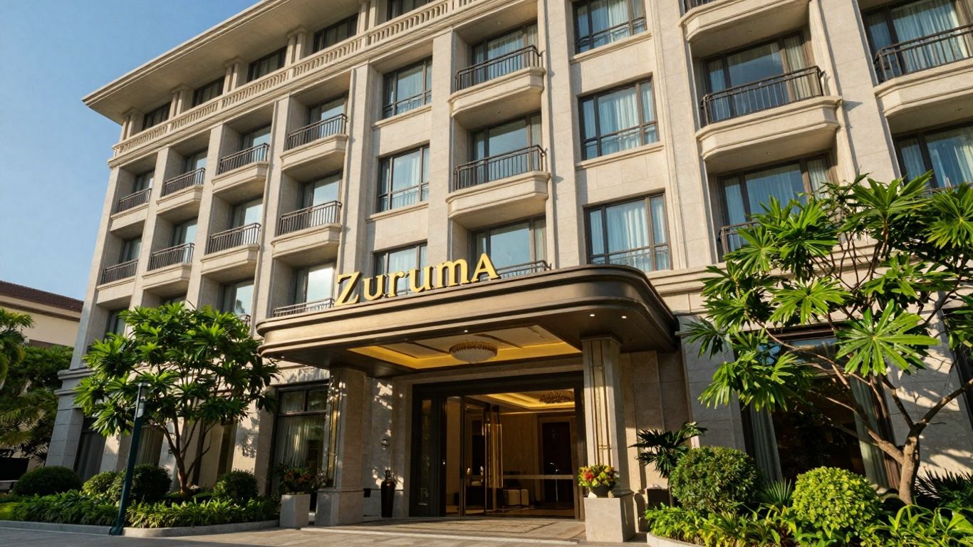 Elegant Zuruma Hotel exterior with greenery and welcoming entrance.