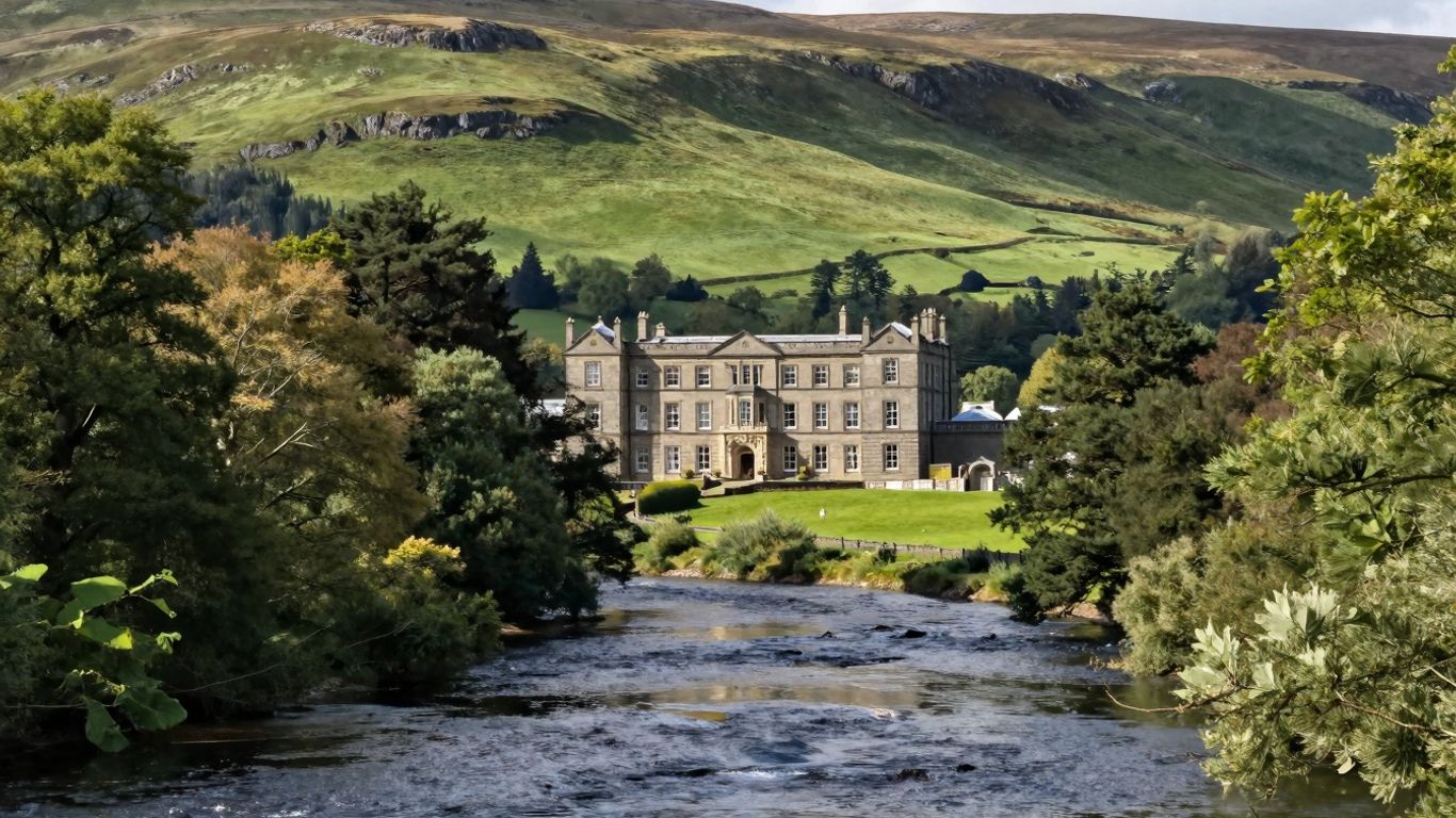 Glenburn Galgorm estate, Northern Ireland, with hills and river.