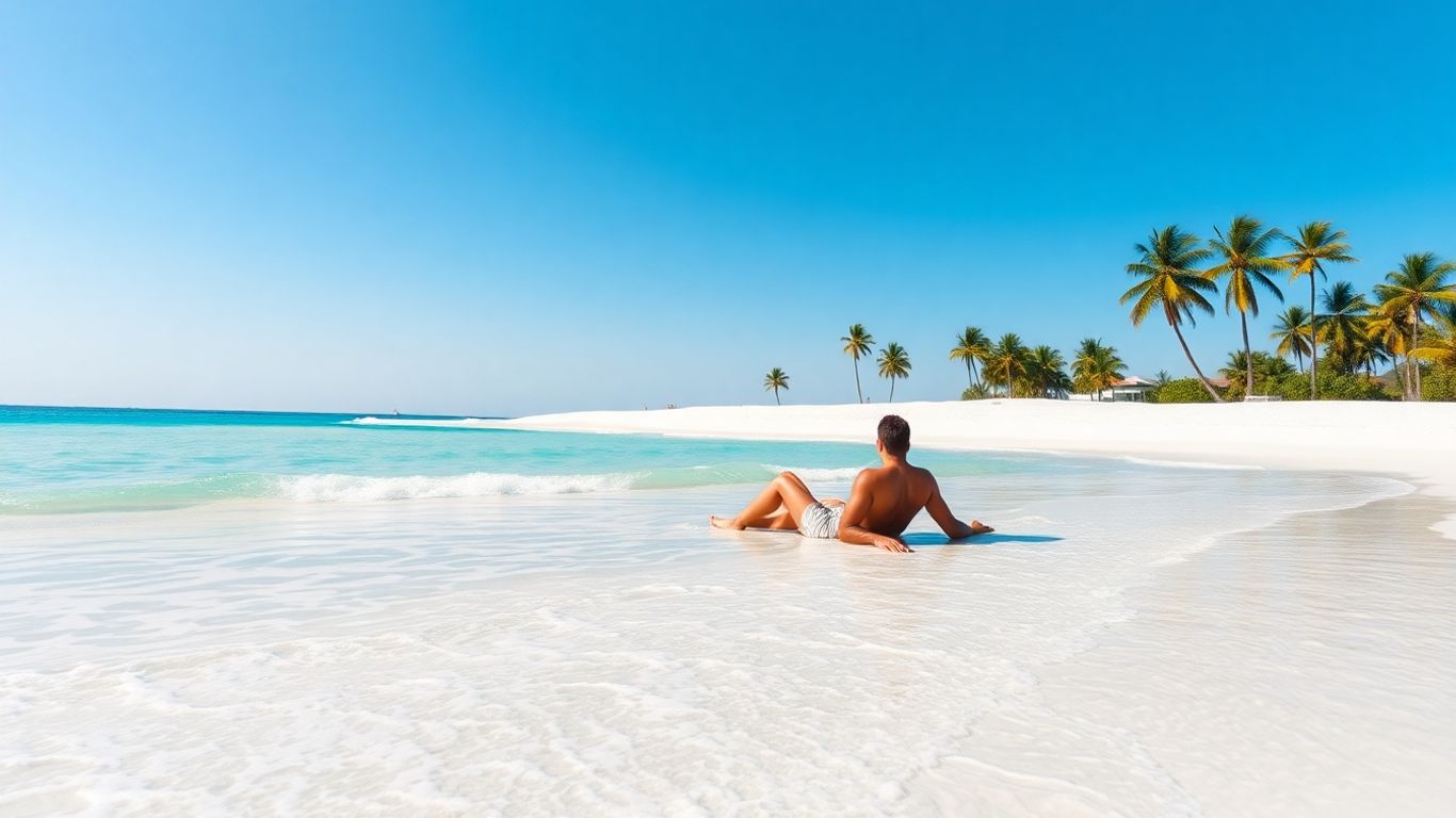 Couple relaxing on a sunny beach with clear blue sea.