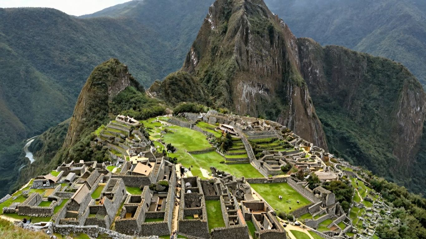 Vibrant Machu Picchu ruins with green mountains and a river.