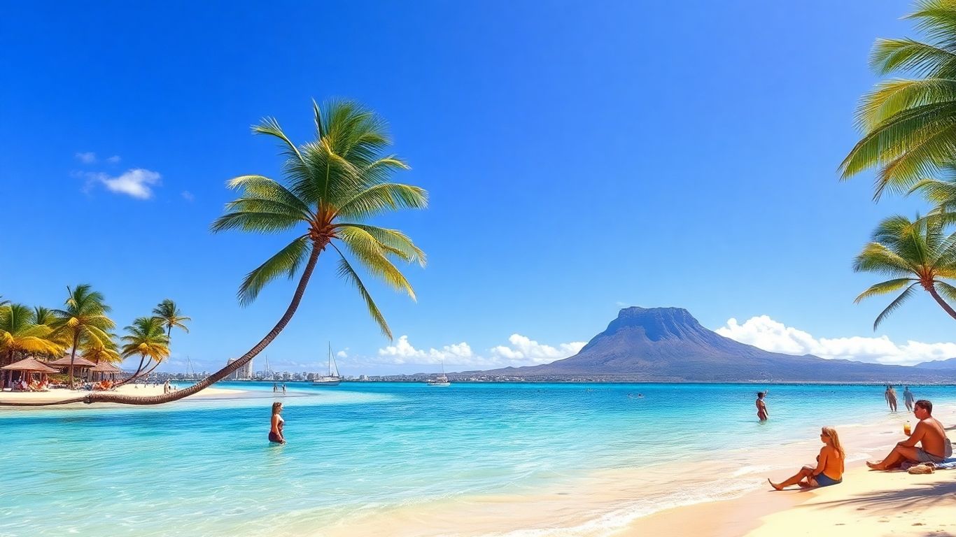 Sunny Hawaiian beach with palm trees and people relaxing